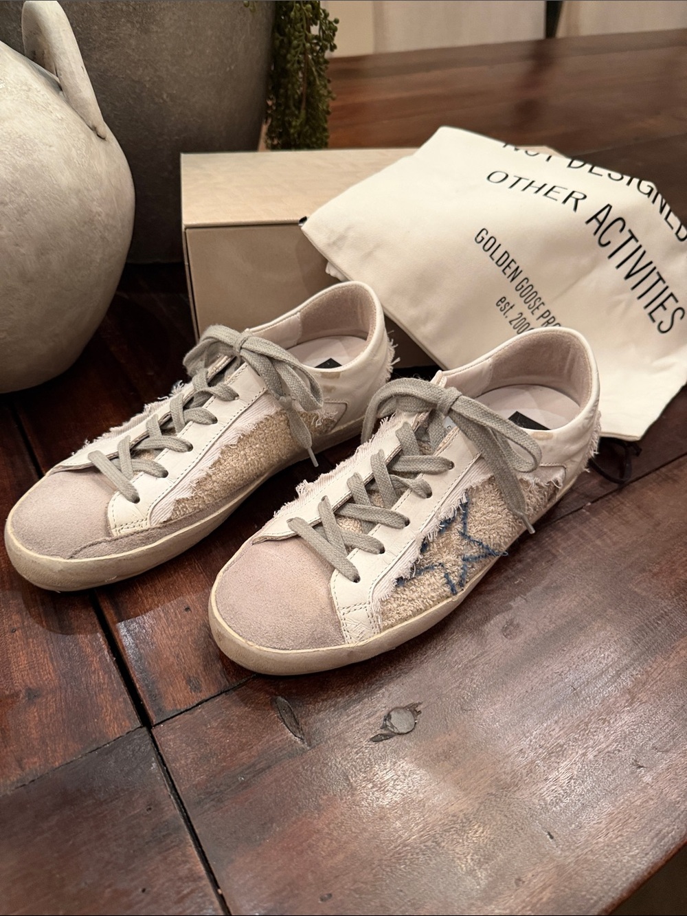 Golden Goose beige and blue star low-top sneakers